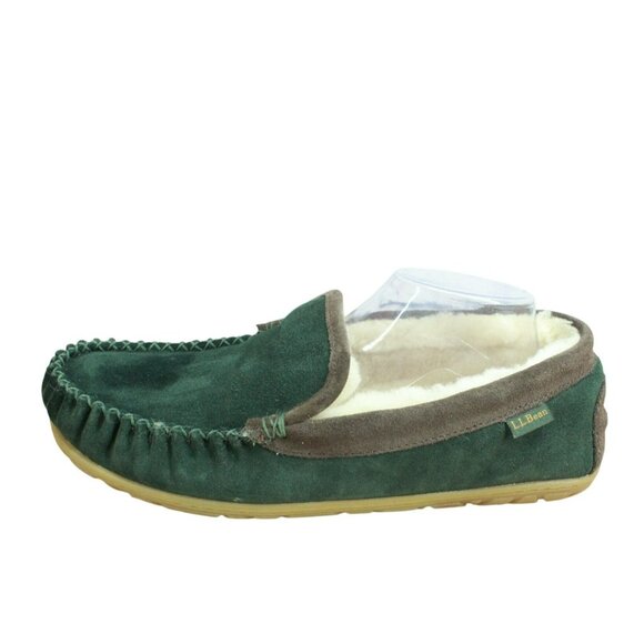 LL Bean Green Suede Wicked Good Shearling Lined Venetian Slippers Size 11 M - Picture 1 of 9